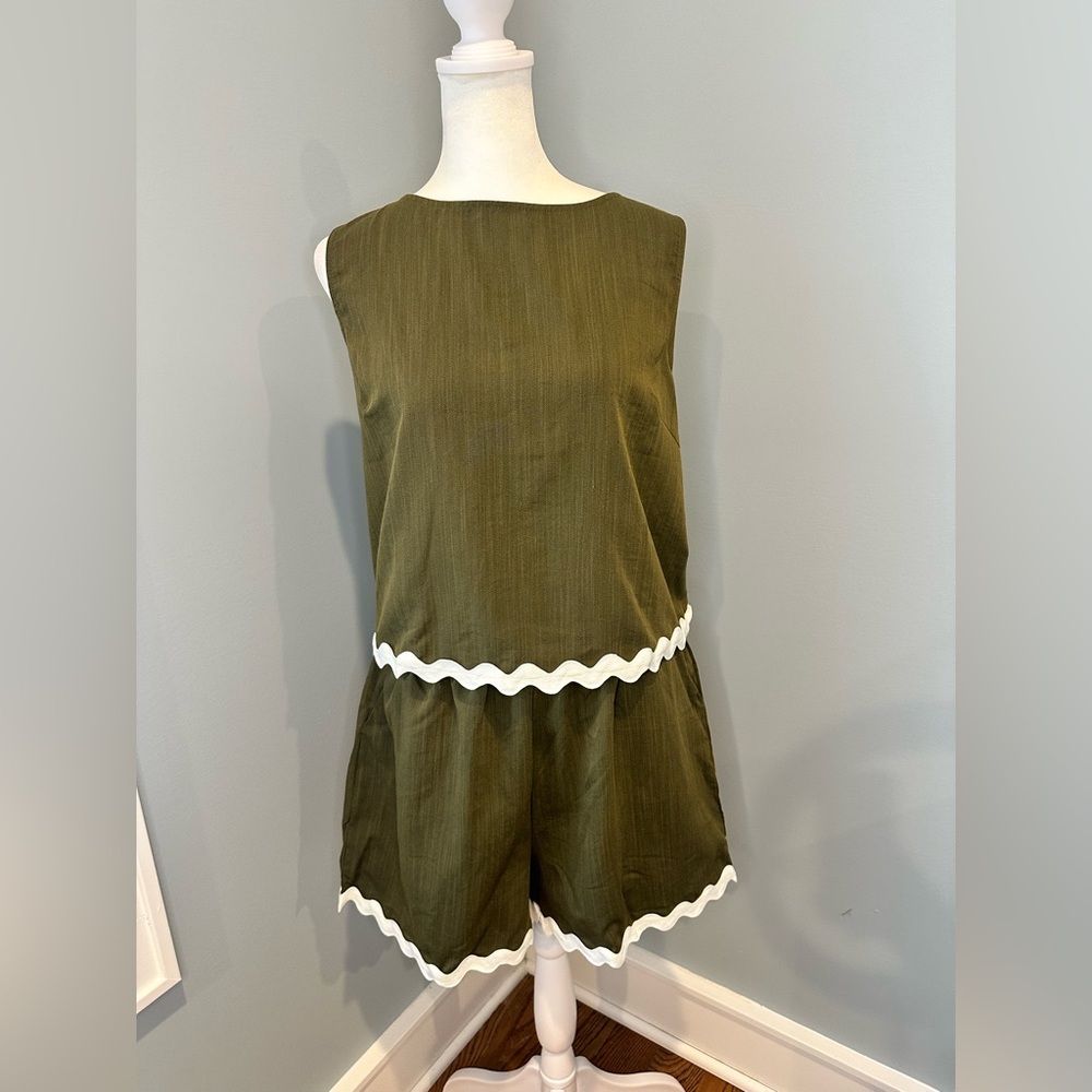 Olive Green Two-Piece Set with White Scallop Trim